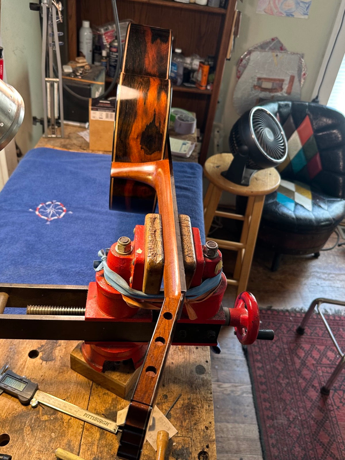 The neck at the bench, body freshly polished