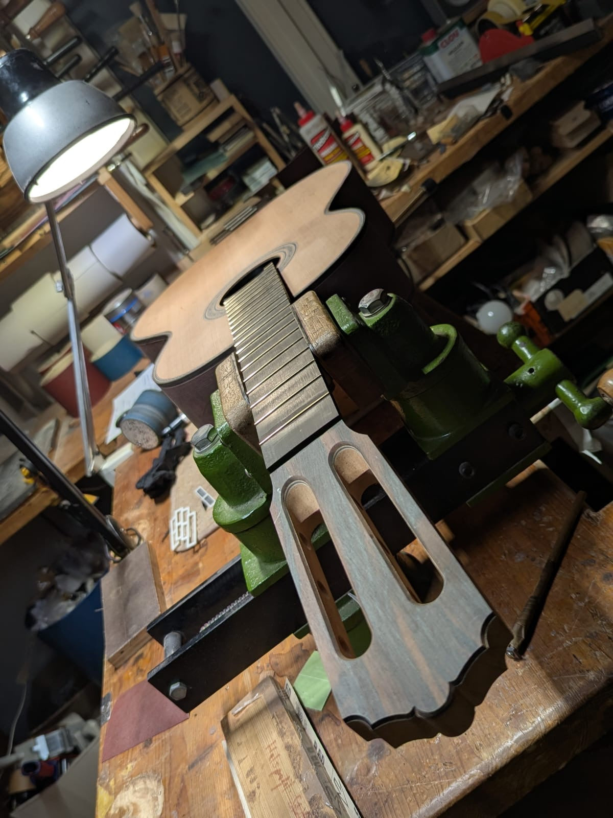 The neck on, the slotted headstock taking shape